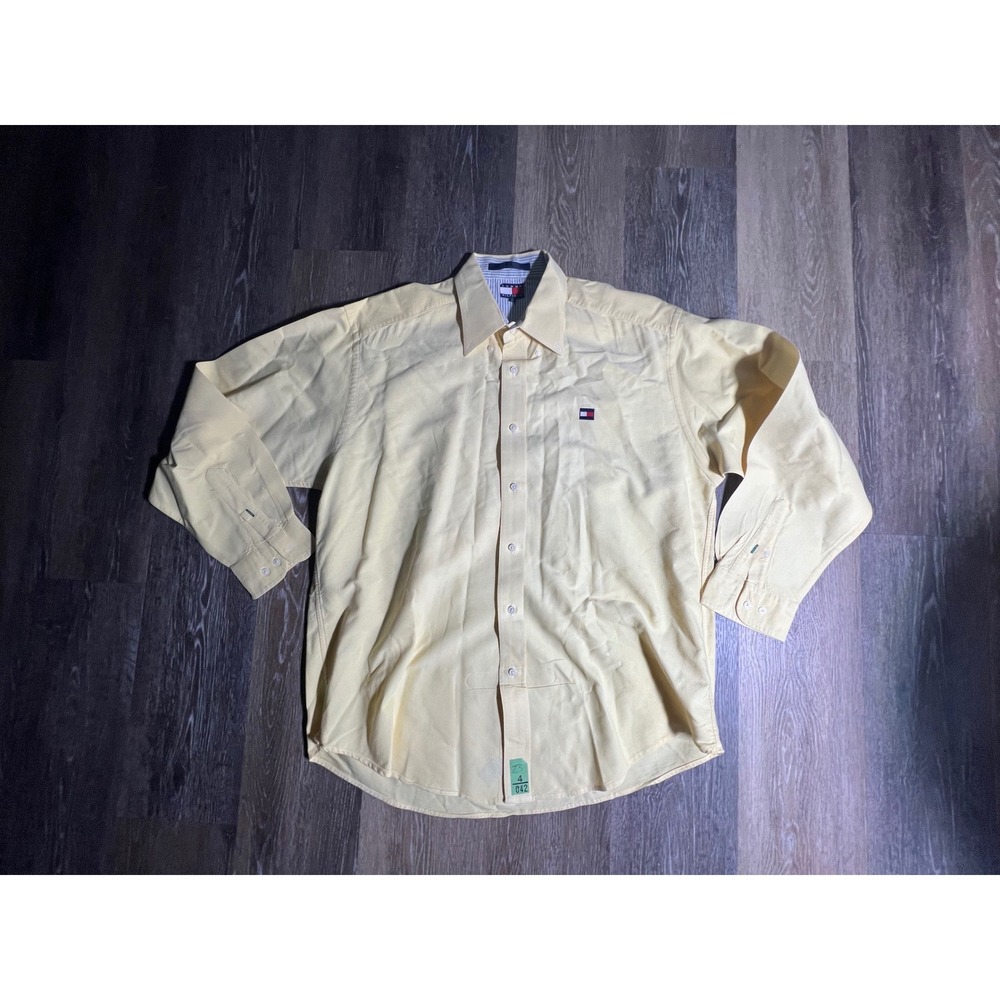 Tommy Hilfiger Oxford Shirt Mens Large Yellow Good Long Sleeve Button‎ Down Logo